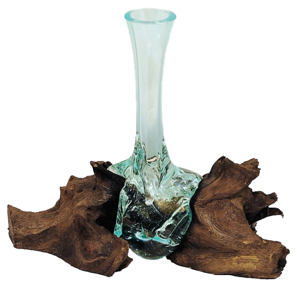 Glas Vase mundgeblasen auf Wurzelholz Höhe 25cm