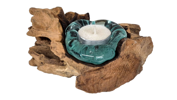 1er Teelichthalter mundgeblasen auf Wurzelholz Durchmesser 14 cm x Höhe 6 cm