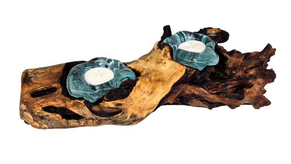 2er Teelichthalter mundgeblasen auf Wurzelholz Durchmesser 30 cm x Höhe 8 cm